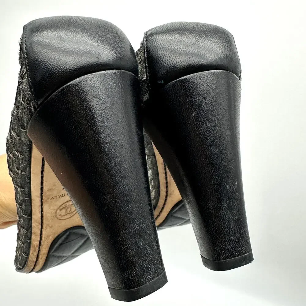 CHANEL Black Lace & Leather Elastic Heel Pumps Cap Toe IT 38.5
